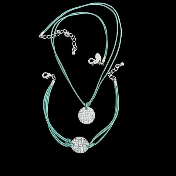 Lia Sophia Retired Crystal Rhinestone Necklace Bracelet Jewelry Set Green Silver - Picture 1 of 4